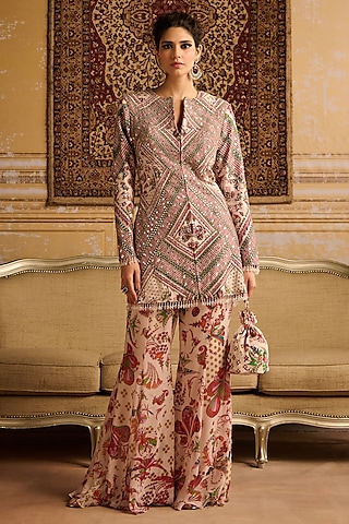 Red Georgette Floral Jaal Printed Jacket Set by DiyaRajvvir