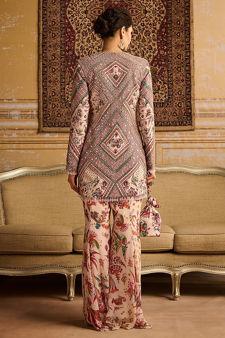 Red Georgette Floral Jaal Printed Jacket Set by DiyaRajvvir at Pernia's Pop Up Shop