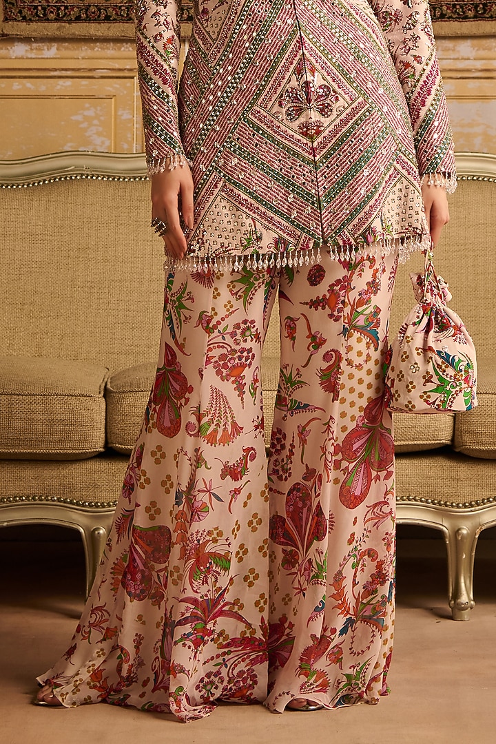 Red Georgette Floral Jaal Printed Jacket Set by DiyaRajvvir at Pernia's Pop Up Shop