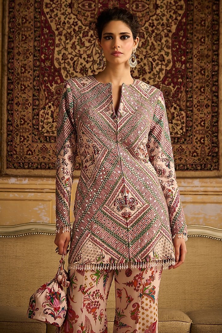 Red Georgette Floral Jaal Printed Jacket Set by DiyaRajvvir at Pernia's Pop Up Shop