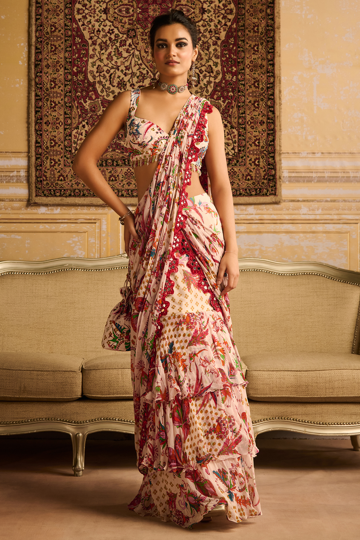 Red Georgette Floral Jaal Printed Skirt Saree Set by DiyaRajvvir at Pernia's Pop Up Shop