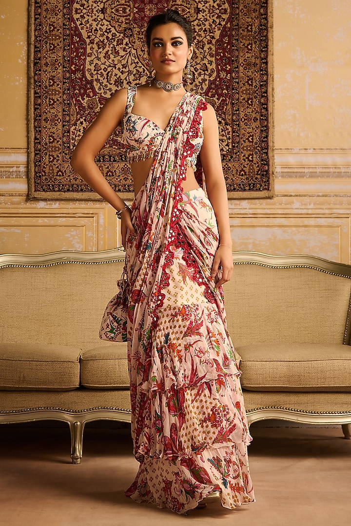 Red Georgette Floral Jaal Printed Skirt Saree Set by DiyaRajvvir at Pernia's Pop Up Shop