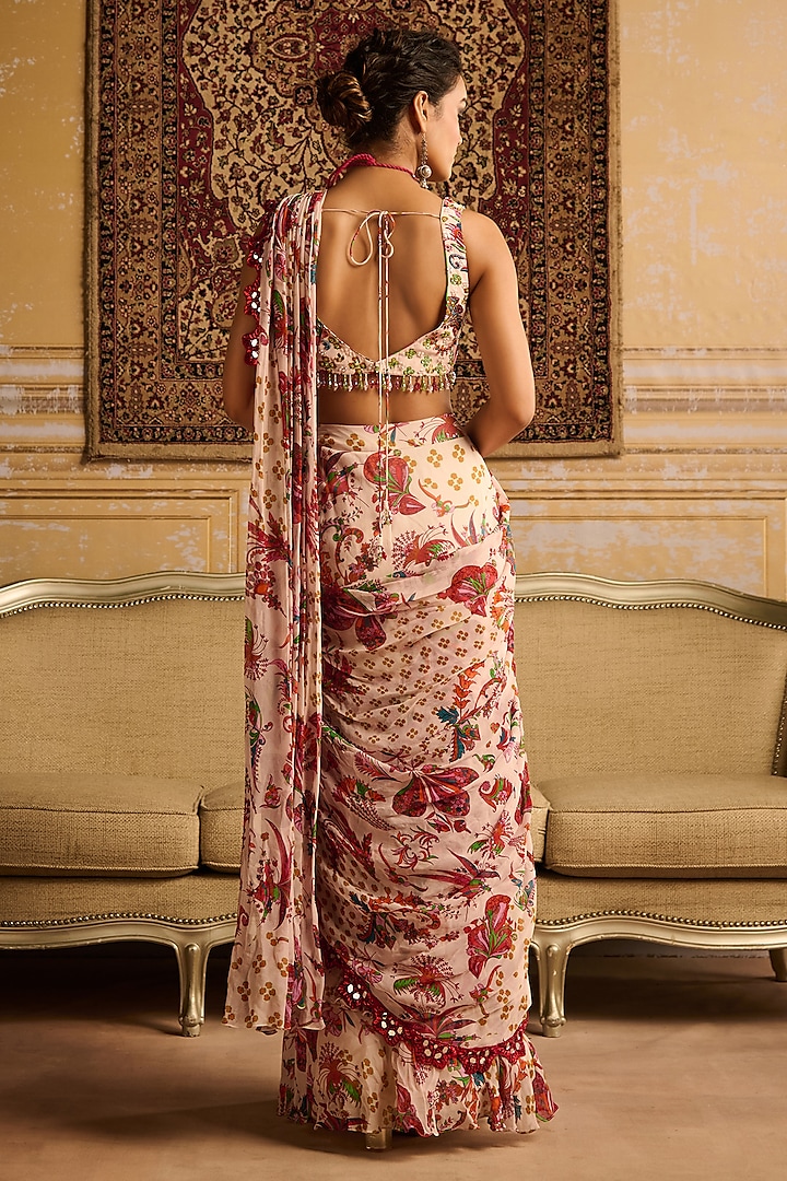 Red Georgette Floral Jaal Printed Skirt Wedding Saree Set by DiyaRajvvir at Pernia's Pop Up Shop