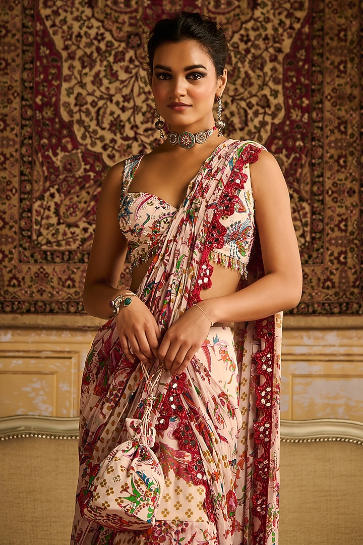Red Georgette Floral Jaal Printed Skirt Wedding Saree Set by DiyaRajvvir at Pernia's Pop Up Shop