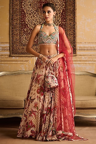 Red Satin Organza Floral Jaal Printed Lehenga Set by DiyaRajvvir