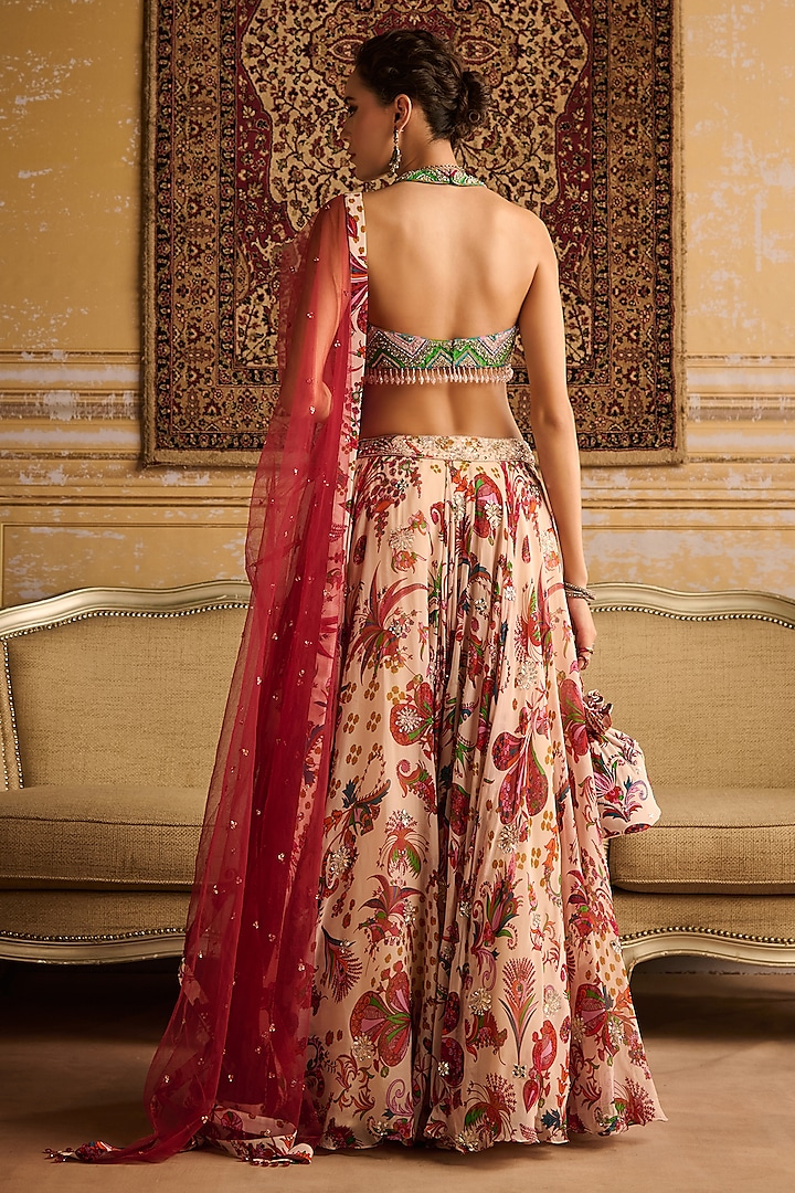 Red Satin Organza Floral Jaal Printed Wedding Lehenga Set by DiyaRajvvir at Pernia's Pop Up Shop