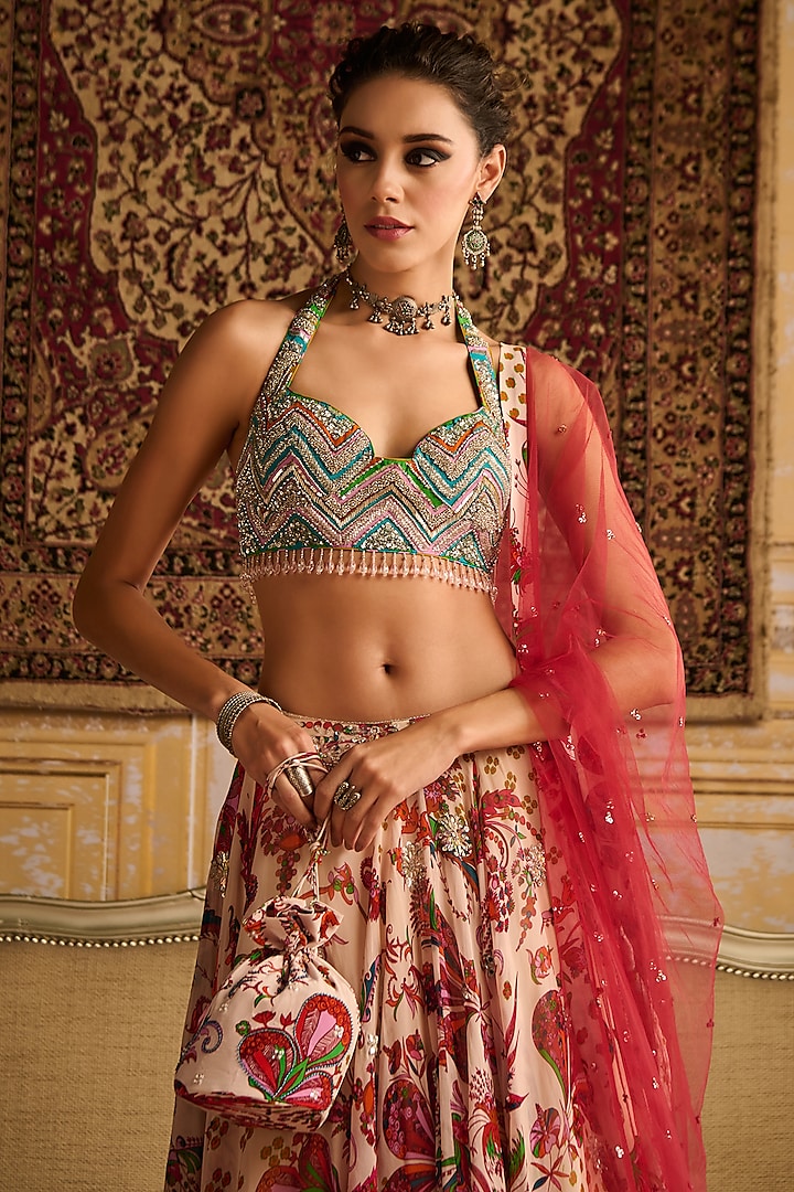 Red Satin Organza Floral Jaal Printed Wedding Lehenga Set by DiyaRajvvir at Pernia's Pop Up Shop