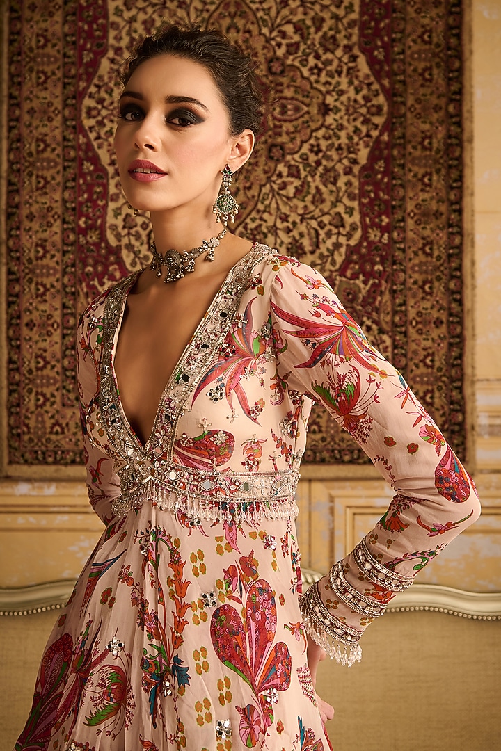 Red Georgette Floral Jaal Printed Wedding Sharara Set by DiyaRajvvir at Pernia's Pop Up Shop