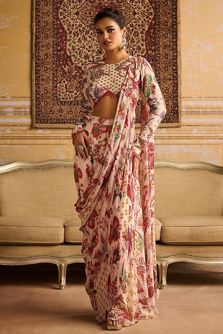 Red Georgette Floral Jaal Printed Sharara Saree Set by DiyaRajvvir at Pernia's Pop Up Shop