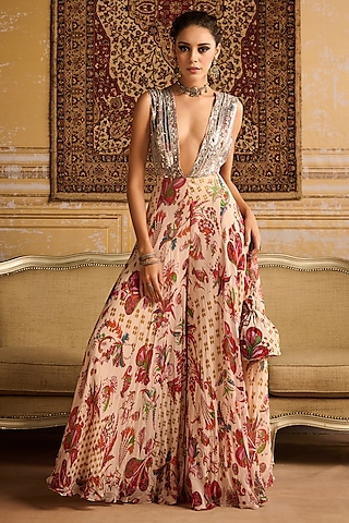 Red Satin Organza Floral Jaal Printed Jumpsuit by DiyaRajvvir