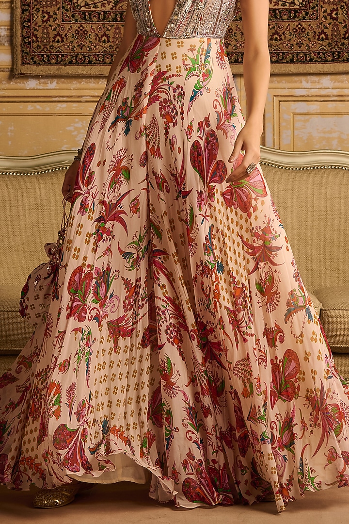 Red Satin Organza Floral Jaal Printed Jumpsuit by DiyaRajvvir at Pernia's Pop Up Shop