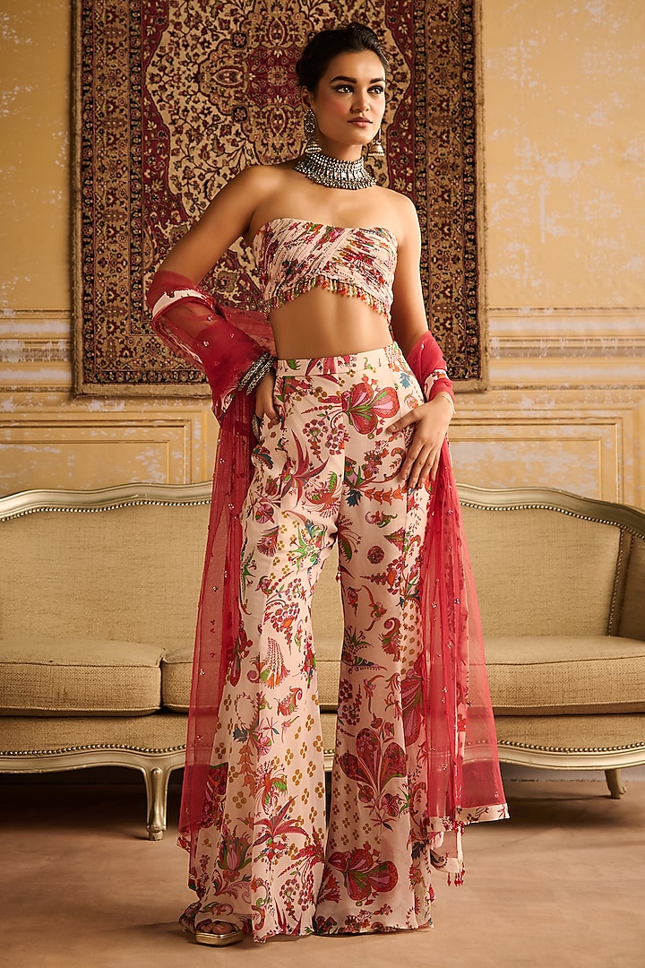 Red Georgette Floral Jaal Printed Bell-Bottom Pant Set by DiyaRajvvir at Pernia's Pop Up Shop