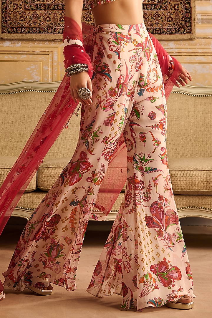 Red Georgette Floral Jaal Printed Bell-Bottom Pant Set by DiyaRajvvir at Pernia's Pop Up Shop