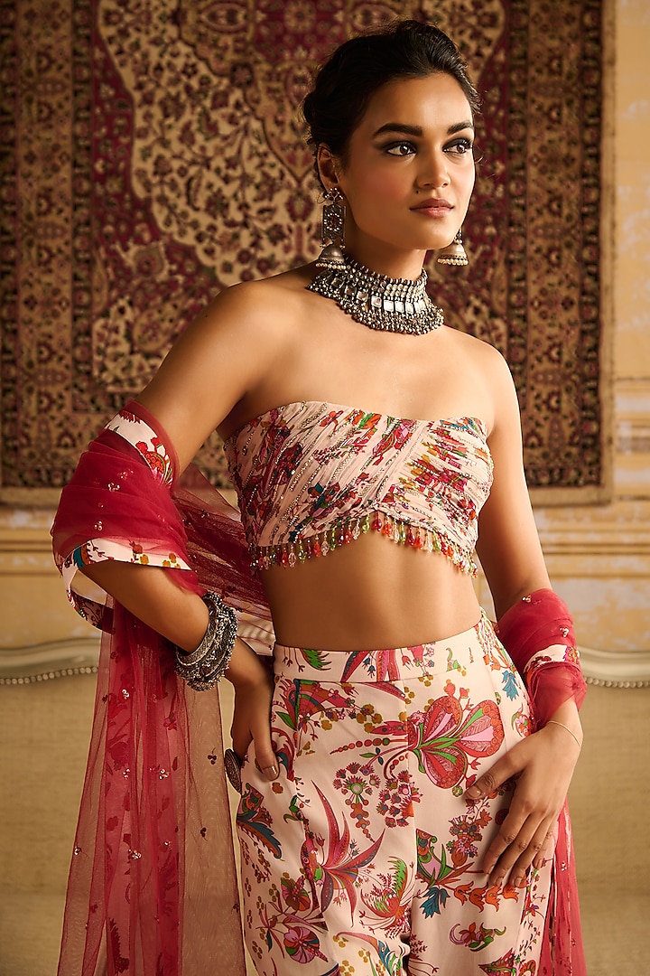 Red Georgette Floral Jaal Printed Bell-Bottom Pant Set by DiyaRajvvir at Pernia's Pop Up Shop
