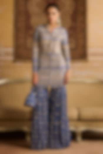 Blue Georgette Zig-Zag Printed & Embroidered Jacket Set by DiyaRajvvir at Pernia's Pop Up Shop