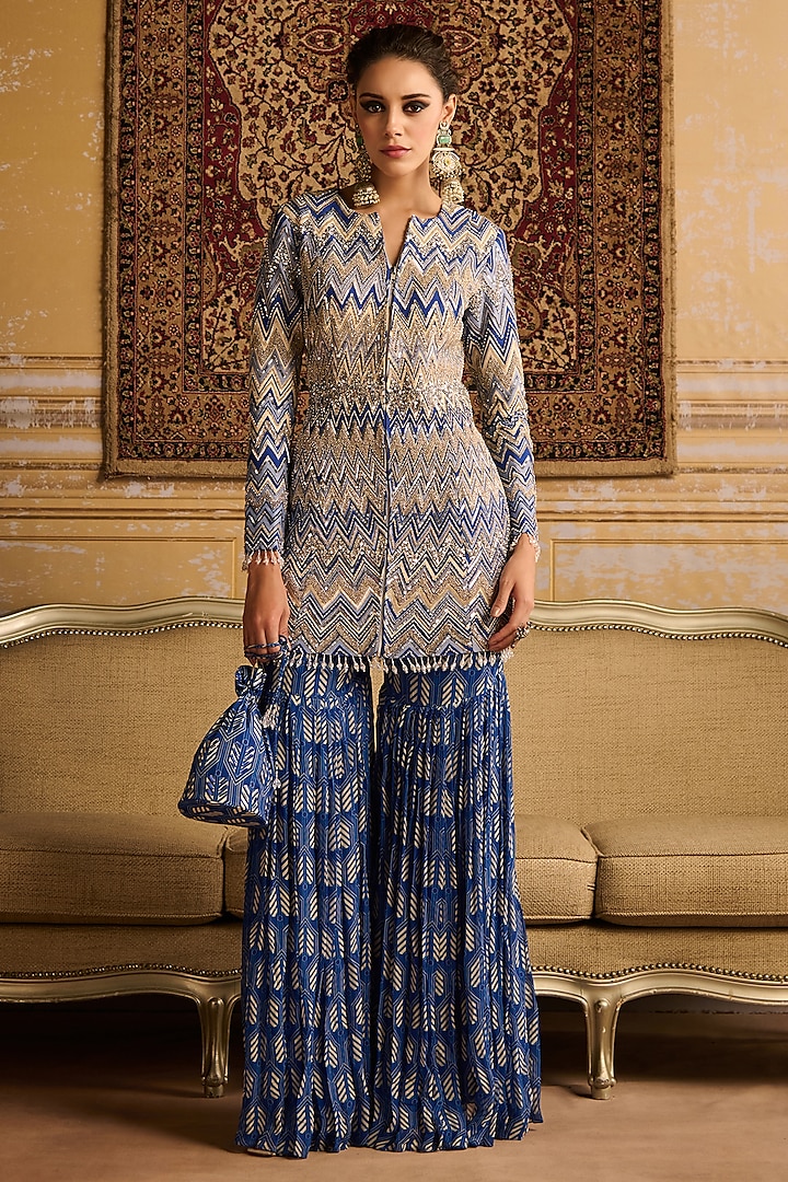 Blue Georgette Zig-Zag Printed & Embroidered Jacket Set by DiyaRajvvir at Pernia's Pop Up Shop