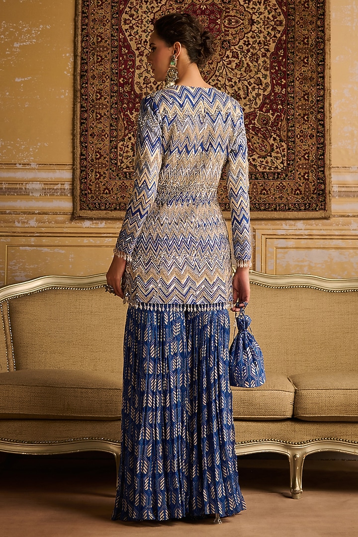 Blue Georgette Zig-Zag Printed & Embroidered Jacket Set by DiyaRajvvir at Pernia's Pop Up Shop