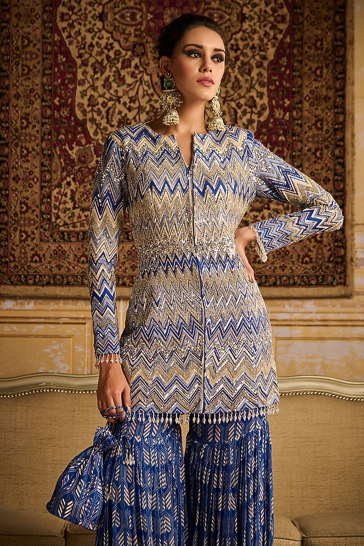 Blue Georgette Zig-Zag Printed & Embroidered Jacket Set by DiyaRajvvir at Pernia's Pop Up Shop