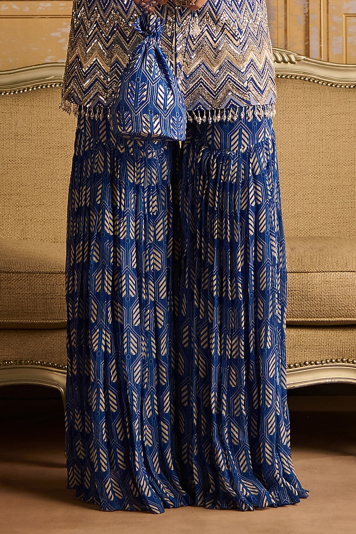 Blue Georgette Zig-Zag Printed & Embroidered Jacket Set by DiyaRajvvir at Pernia's Pop Up Shop