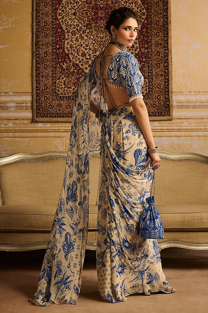 Blue Crepe & Georgette Floral Jaal Printed Pre-Stitched Skirt Wedding Saree Set by DiyaRajvvir at Pernia's Pop Up Shop