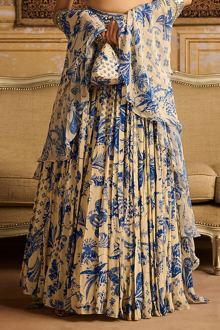 Blue Crepe & Georgette Floral Jaal Printed Wedding Lehenga Set by DiyaRajvvir at Pernia's Pop Up Shop