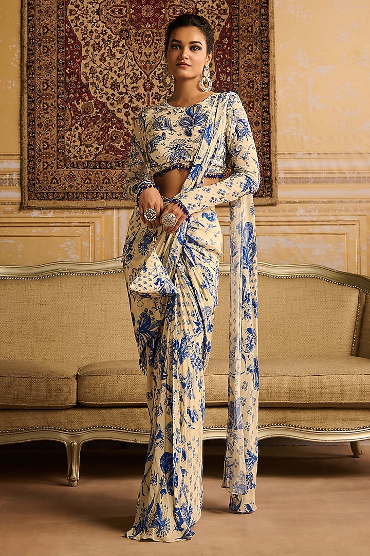 Blue Crepe Floral Jaal Printed Skirt Saree Set by DiyaRajvvir at Pernia's Pop Up Shop