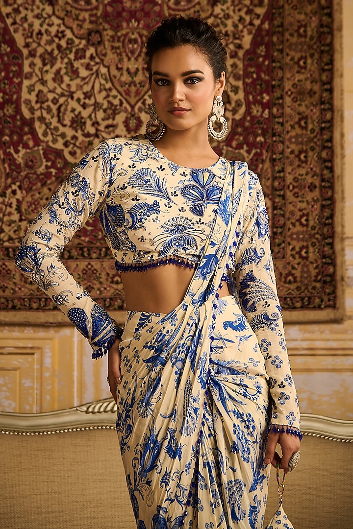 Blue Crepe Floral Jaal Printed Skirt Wedding Saree Set by DiyaRajvvir at Pernia's Pop Up Shop