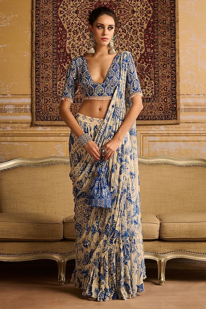 Blue Crepe & Georgette Floral Jaal Printed Tiered Skirt Saree Set by DiyaRajvvir