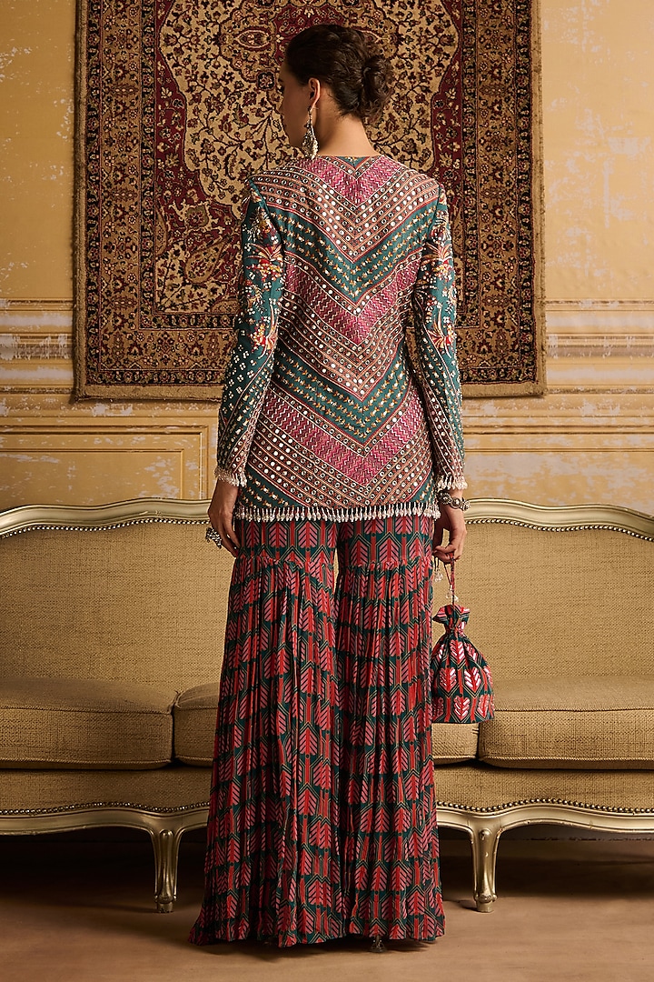 Teal Georgette Printed & Embroidered Jacket Set by DiyaRajvvir at Pernia's Pop Up Shop