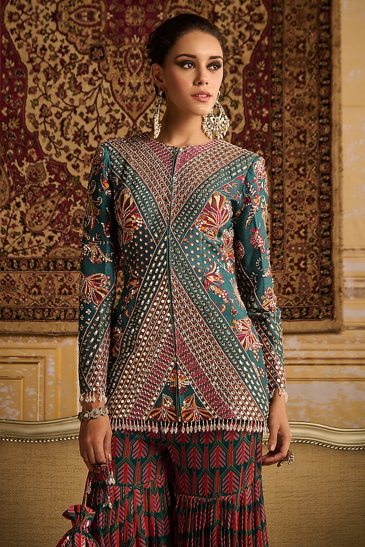Teal Georgette Printed & Embroidered Jacket Set by DiyaRajvvir at Pernia's Pop Up Shop