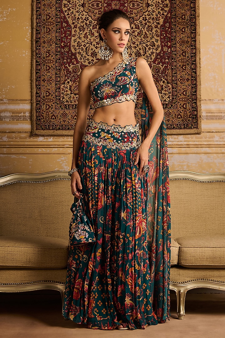 Teal Georgette Jaal Printed Pleated Pant Set by DiyaRajvvir at Pernia's Pop Up Shop