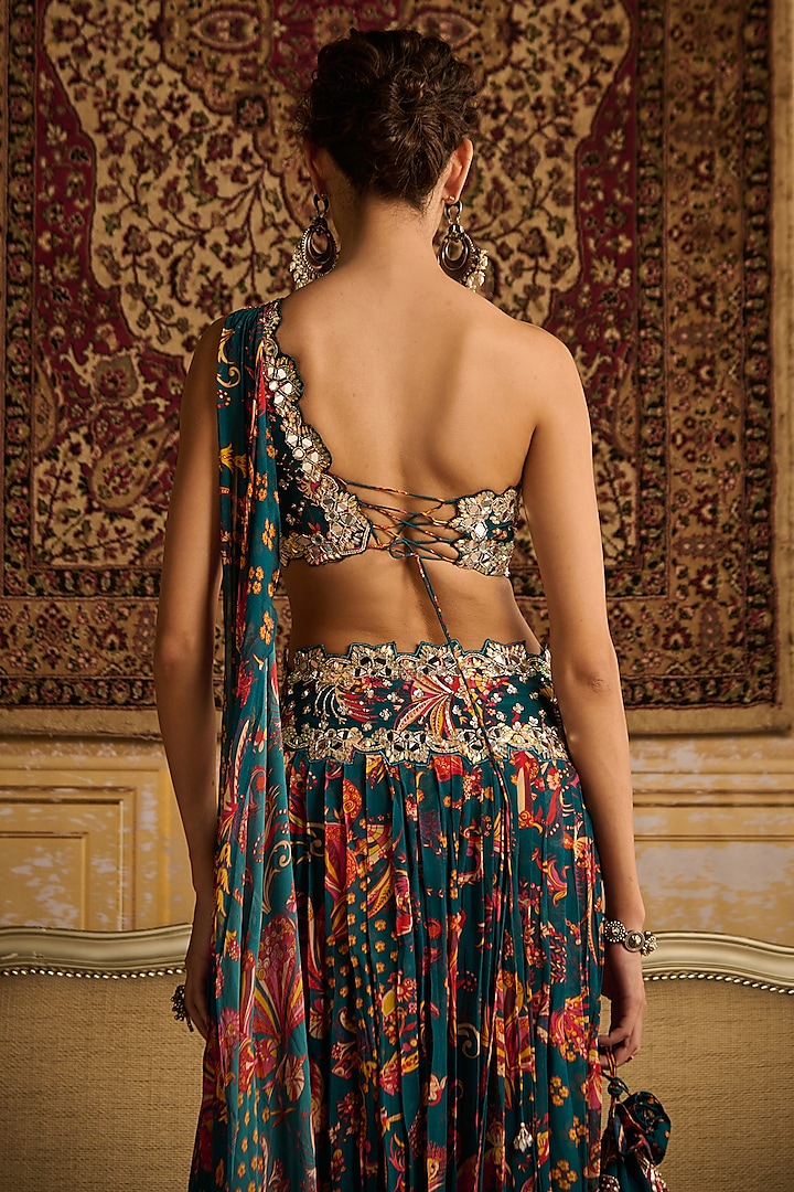 Teal Georgette Jaal Printed Pleated Pant Set by DiyaRajvvir at Pernia's Pop Up Shop