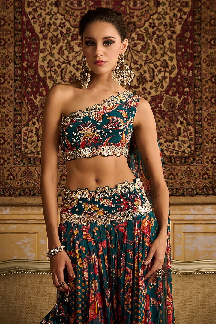 Teal Georgette Jaal Printed Pleated Pant Set by DiyaRajvvir at Pernia's Pop Up Shop