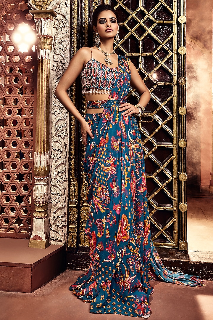 Teal Crepe & Georgette Jaal Printed Skirt Saree Set by DiyaRajvvir at Pernia's Pop Up Shop