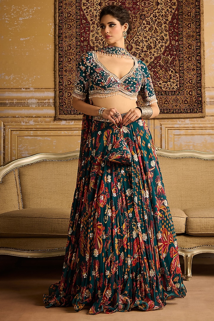 Teal Crepe & Georgette Jaal Printed Wedding Lehenga Set by DiyaRajvvir at Pernia's Pop Up Shop