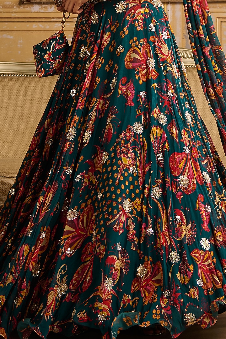 Teal Crepe & Georgette Jaal Printed Wedding Lehenga Set by DiyaRajvvir at Pernia's Pop Up Shop