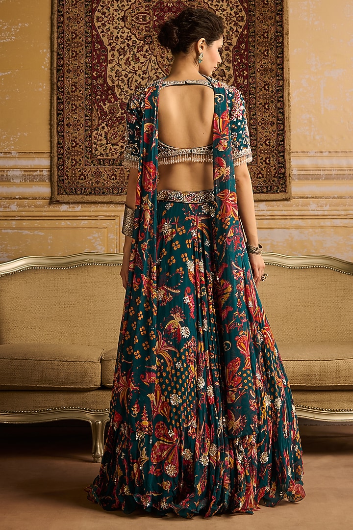 Teal Crepe & Georgette Jaal Printed Wedding Lehenga Set by DiyaRajvvir at Pernia's Pop Up Shop