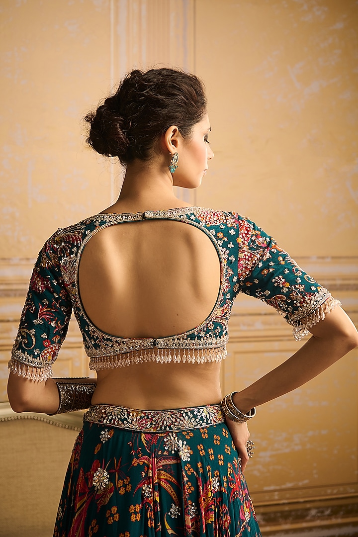 Teal Crepe & Georgette Jaal Printed Wedding Lehenga Set by DiyaRajvvir at Pernia's Pop Up Shop
