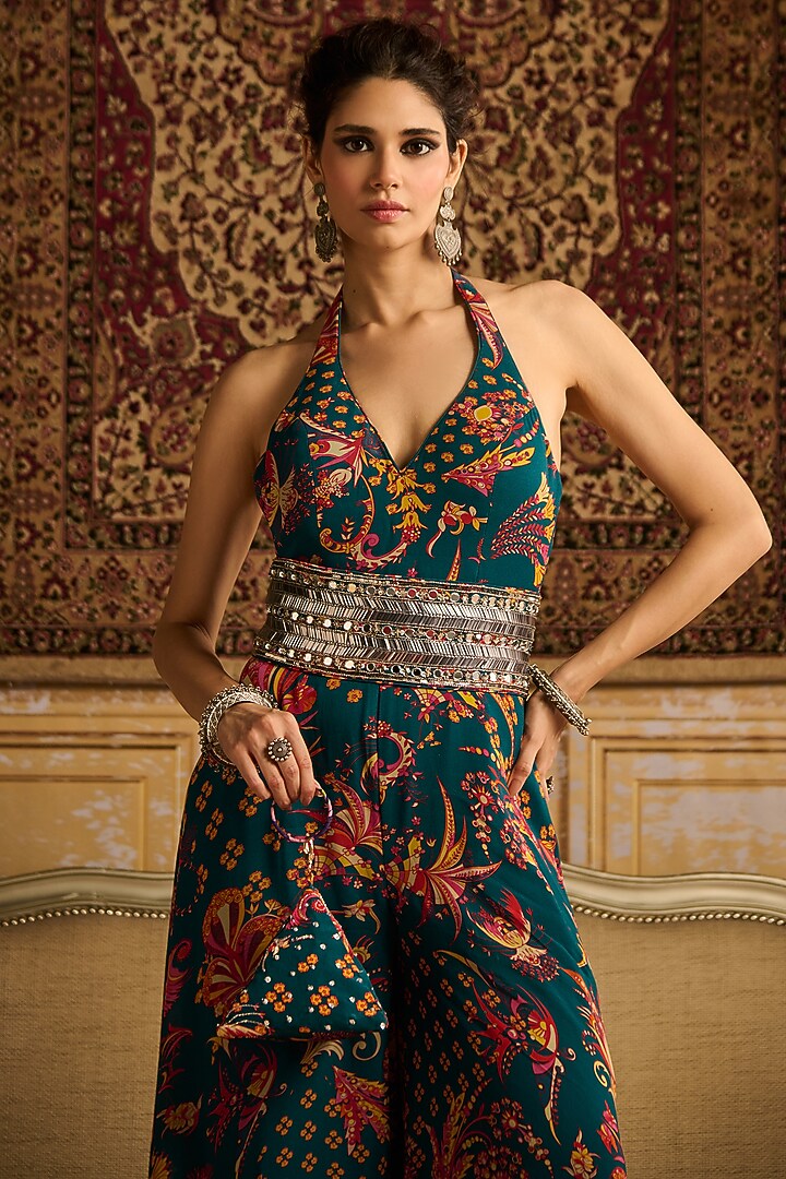 Teal Crepe & Georgette Jaal Printed Jumpsuit by DiyaRajvvir at Pernia's Pop Up Shop