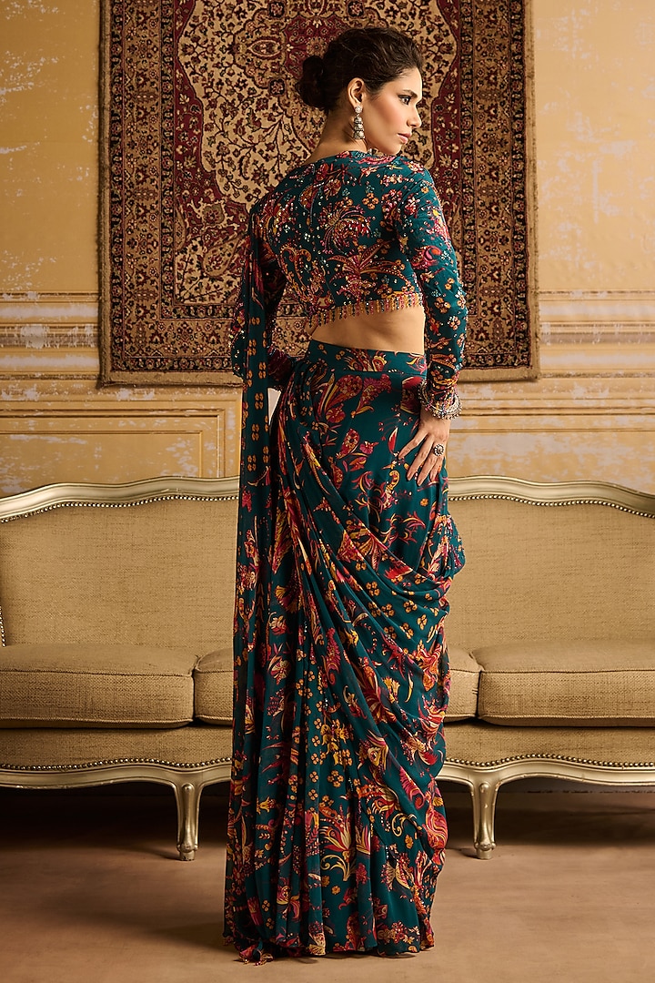 Teal Crepe & Georgette Floral Printed Skirt Wedding Saree Set by DiyaRajvvir at Pernia's Pop Up Shop
