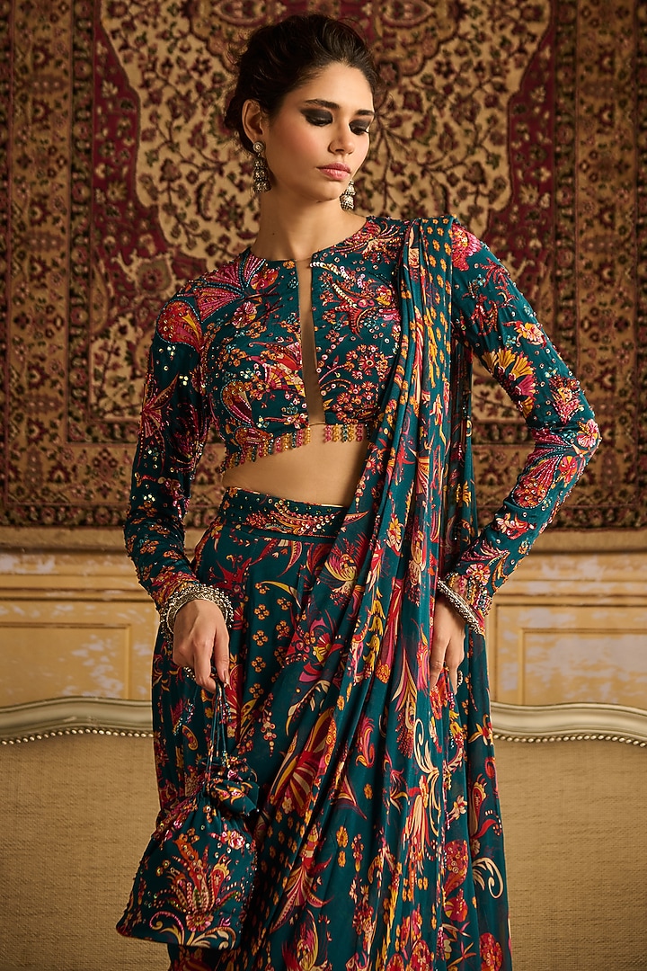 Teal Crepe & Georgette Floral Printed Skirt Wedding Saree Set by DiyaRajvvir at Pernia's Pop Up Shop
