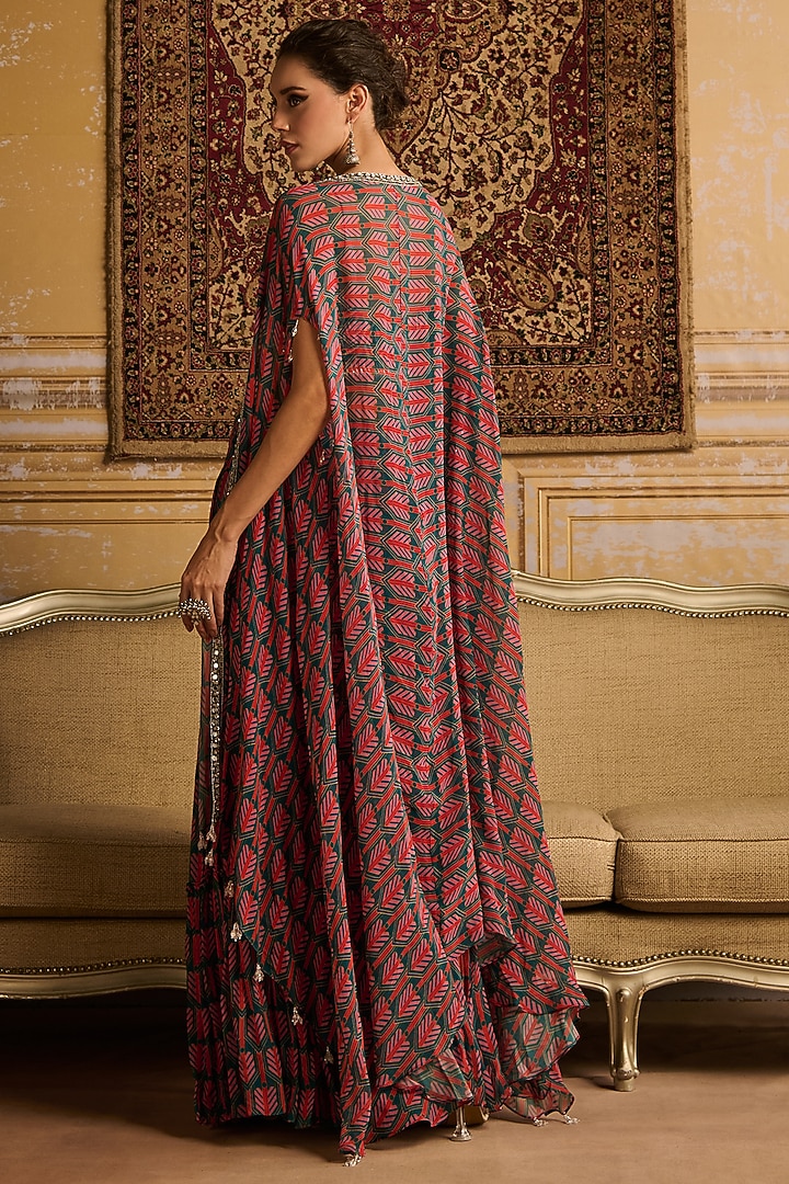 Teal Crepe & Georgette Boota Printed Tiered Gharara Set by DiyaRajvvir at Pernia's Pop Up Shop