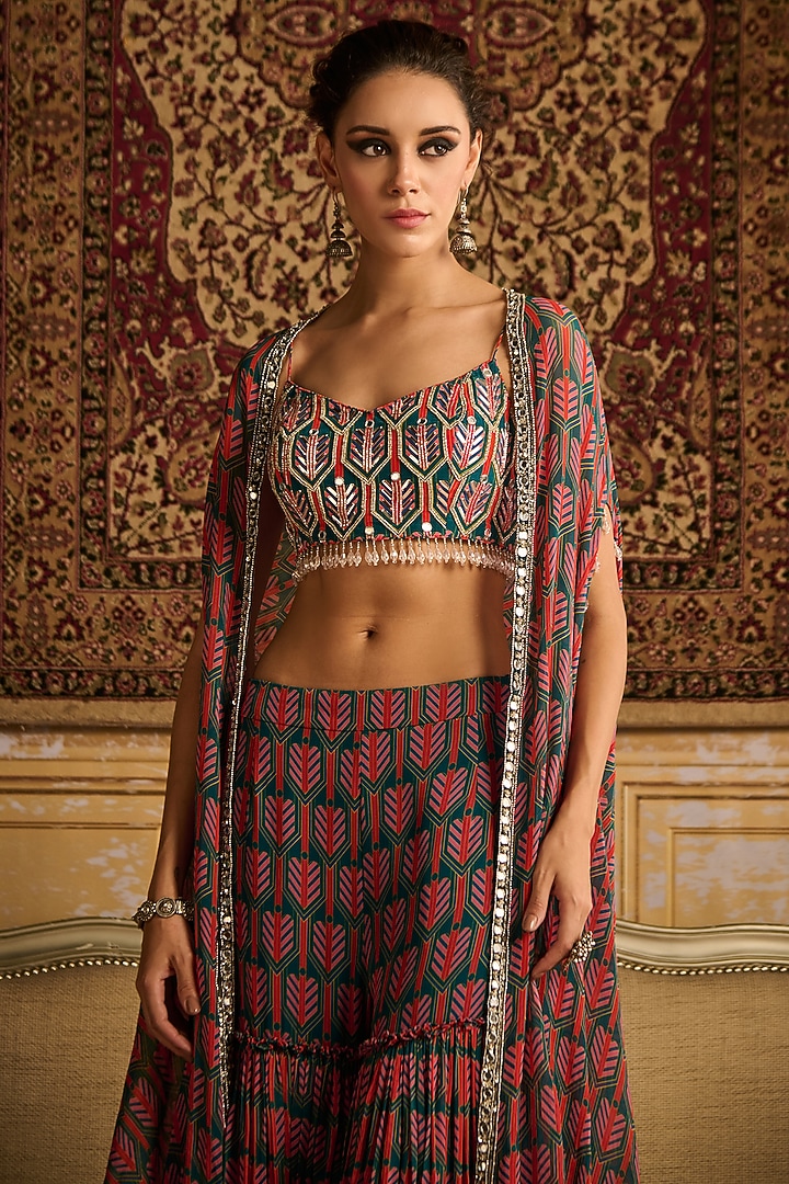 Teal Crepe & Georgette Boota Printed Tiered Gharara Set by DiyaRajvvir at Pernia's Pop Up Shop