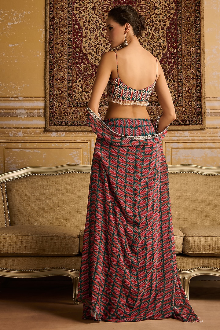 Teal Crepe & Georgette Boota Printed Tiered Gharara Set by DiyaRajvvir at Pernia's Pop Up Shop