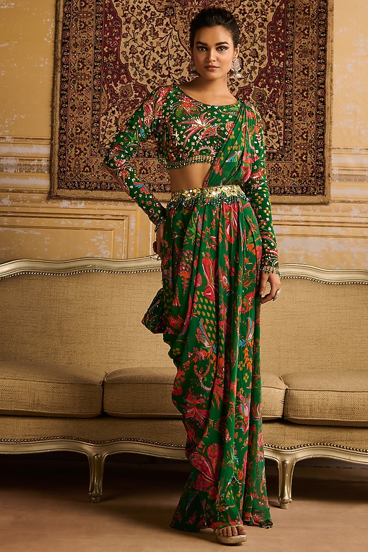 Dark Green Crepe & Georgette Floral Jaal Printed Pant Saree Set by DiyaRajvvir at Pernia's Pop Up Shop