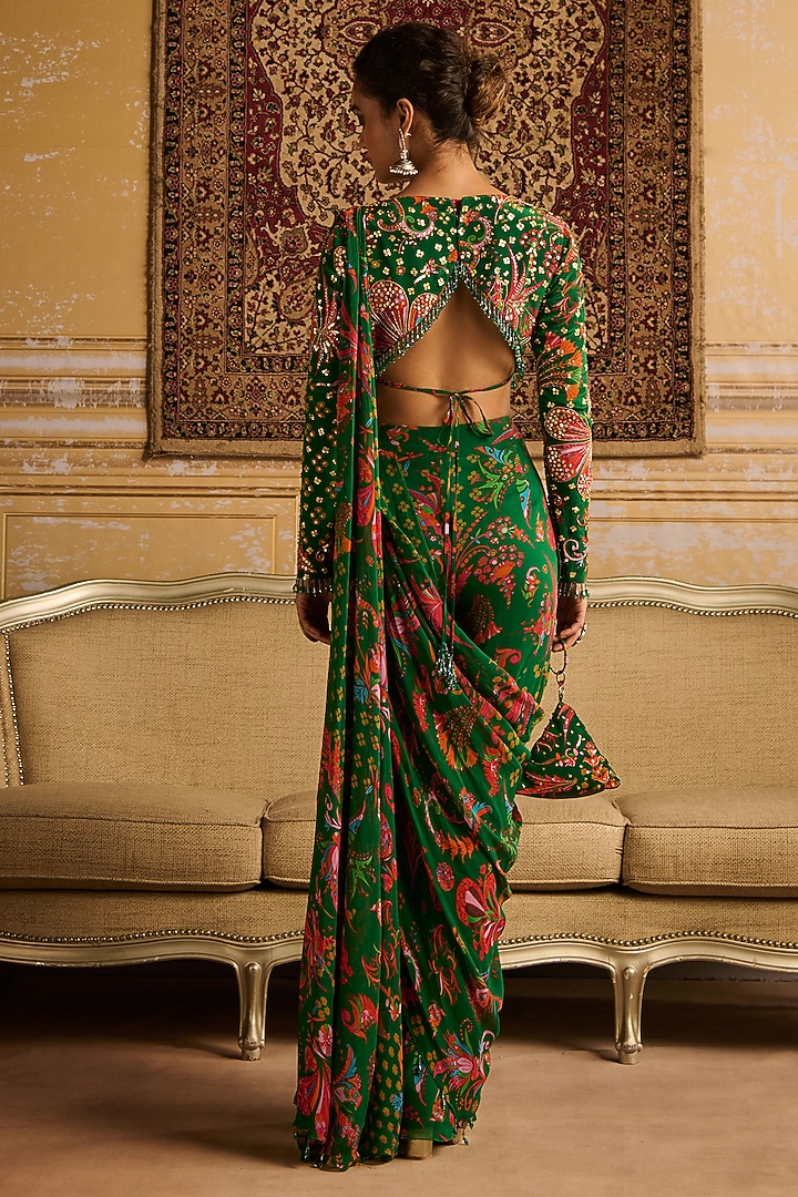 Dark Green Crepe & Georgette Floral Jaal Printed Pant Wedding Saree Set by DiyaRajvvir at Pernia's Pop Up Shop