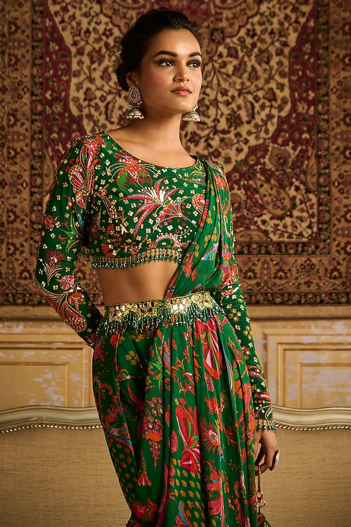 Dark Green Crepe & Georgette Floral Jaal Printed Pant Wedding Saree Set by DiyaRajvvir at Pernia's Pop Up Shop