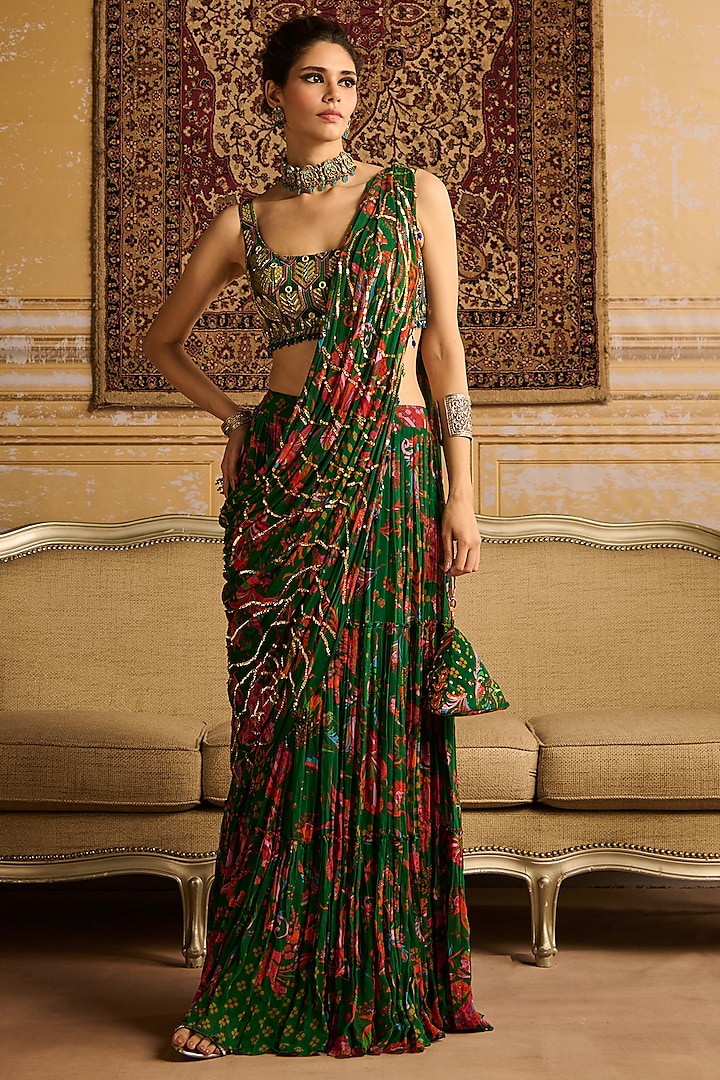 Dark Green Crepe & Georgette Floral Printed Tiered Skirt Saree Set by DiyaRajvvir