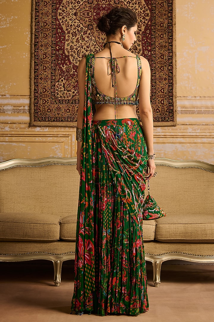 Dark Green Crepe & Georgette Floral Printed Tiered Skirt Wedding Saree Set by DiyaRajvvir at Pernia's Pop Up Shop