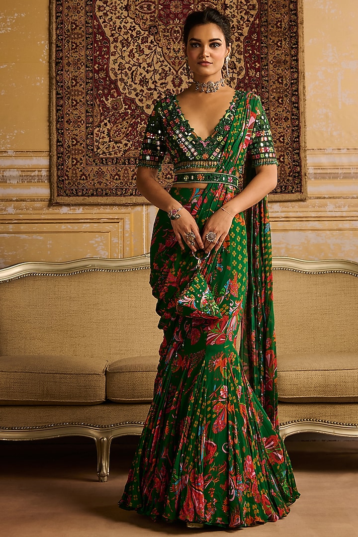 Dark Green Crepe & Georgette Floral Printed Mermaid Skirt Saree Set by DiyaRajvvir